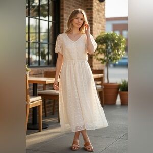 Polagram Cream Swiss Dot Midi Dress-Lined-Puff Sleeves-Size Medium
